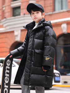 黑金儿童羽绒服男童中长款免洗2023新款洋气加厚亮面男款女中大童