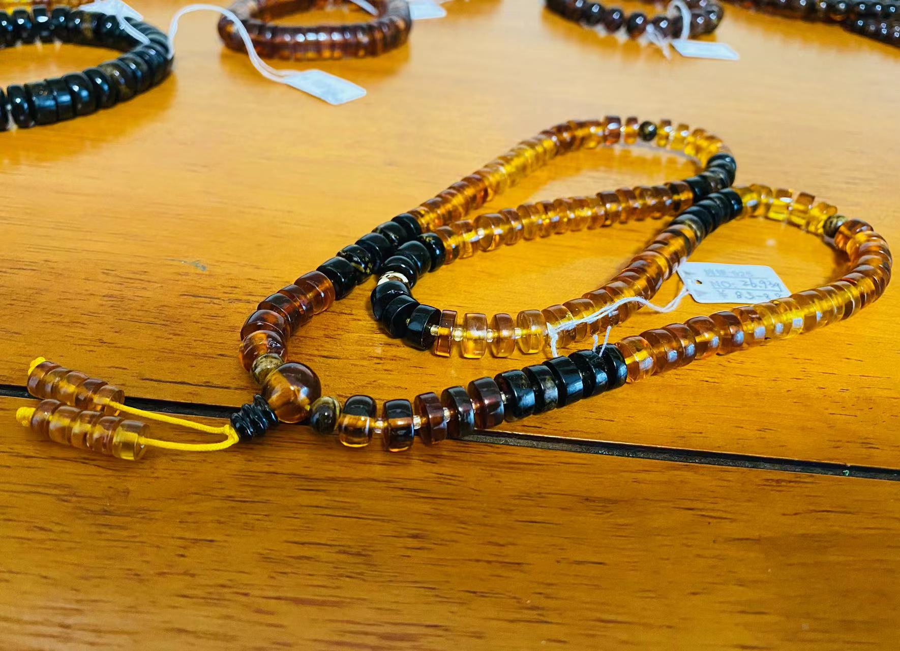 抚顺特产 纯天然抚顺琥珀矿珀 金珀血珀翳珀 车轮珠项链多圈手串