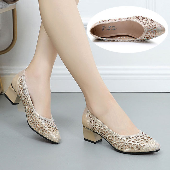 Shanghai Dengyun genuine leather Middle heel Sandals 2021 summer new pattern Women's Shoes Tip With crude Hollow Rhinestone Jacobs Single shoesin the Women's Shoes, Sandals, Crocs category - from Buy2taobao.com to provide professional Taobao agent buy service