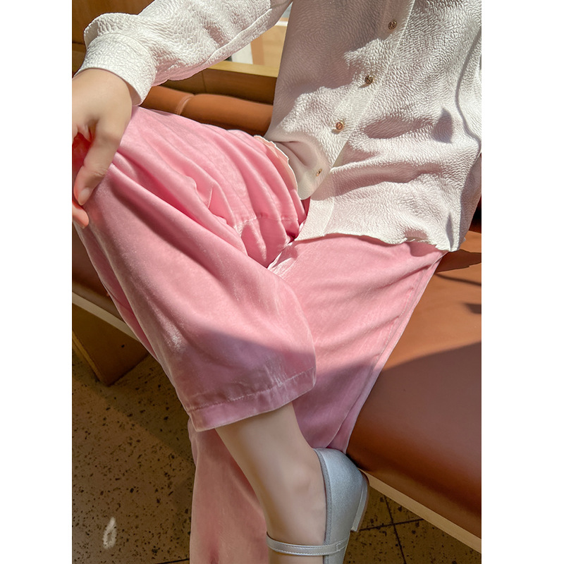 100真丝丝绒直筒长裤百搭舒适透气直筒裤新中式风格女装高端尾货