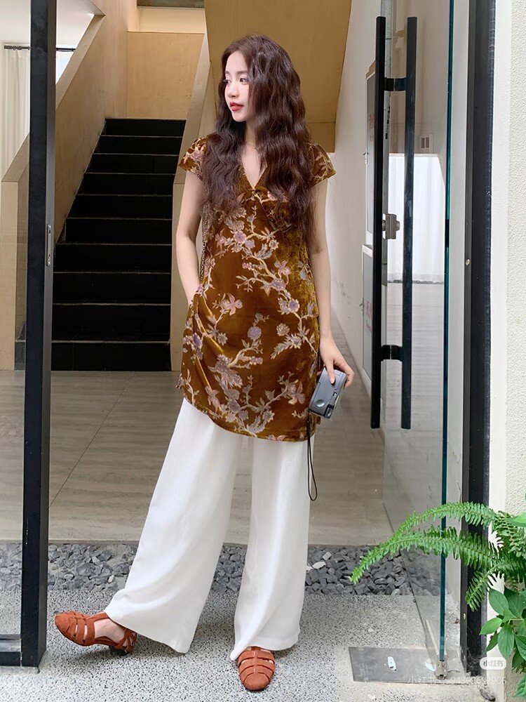 真丝丝绒烧花V领盘扣短袖衬衫奥黛风中长款上衣女装南油高端尾货