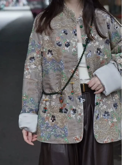 新中式超重工钉珠刺绣真丝丝绒外套女2025春季新款高级感亮片盘扣