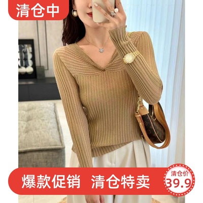 设计感蝴蝶结交叉V领套头丝光羊毛针织打底衫女秋冬季紧身上衣