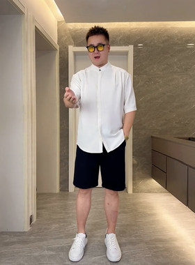 夏季微胖男生显瘦穿搭短袖衬衫宽松冰丝垂感上衣半袖衬衣休闲潮牌