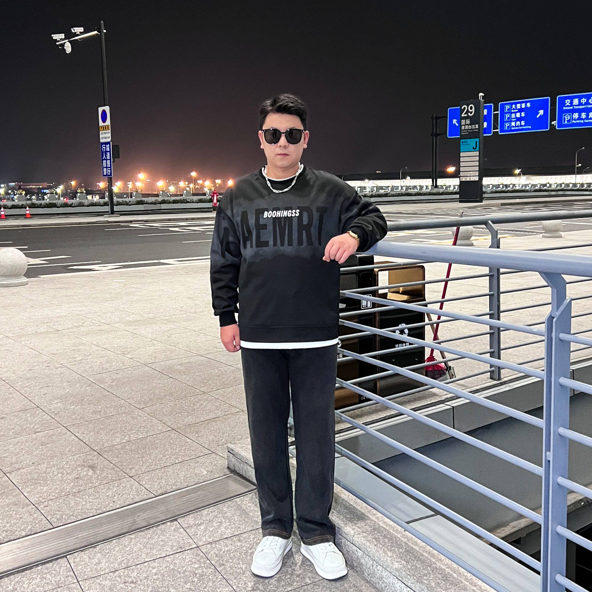 【两件套】秋季款大码菠萝格假两件卫衣男士宽松纯色休闲裤HW2455