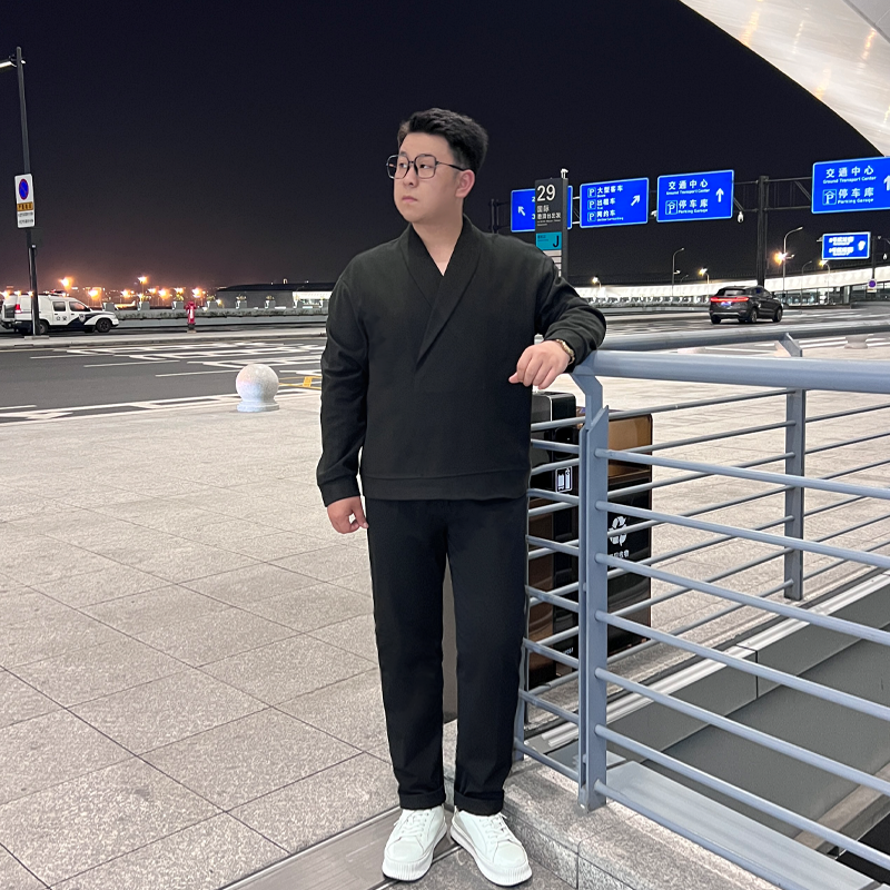 【两件套】秋季款西装领轻熟风套头毛呢卫衣男士纯色直筒西裤W084