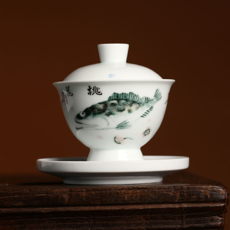 景德镇艺术家汇经老师手绘桃花流水鳜鱼肥三才盖碗朴实气息高端