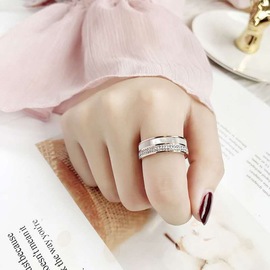 日韩版简约宽版镶满钻白母贝钛钢镀18K玫瑰金戒指不掉色食指环潮