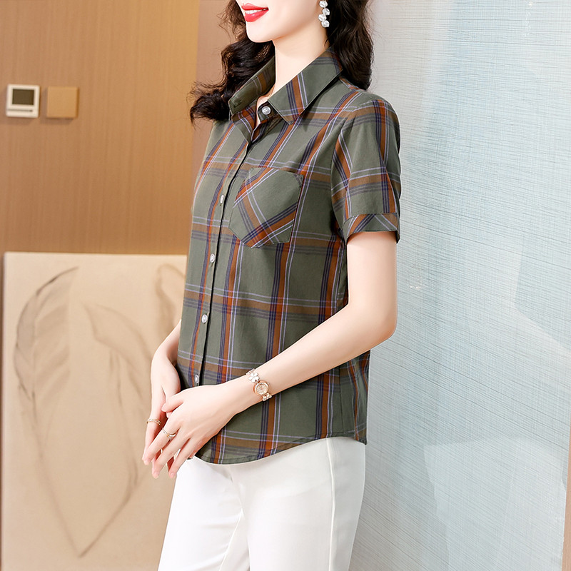 w29夏装妈妈装格子纯棉短袖衬衫休闲妇女寸衫中老年女半袖c04衬衣