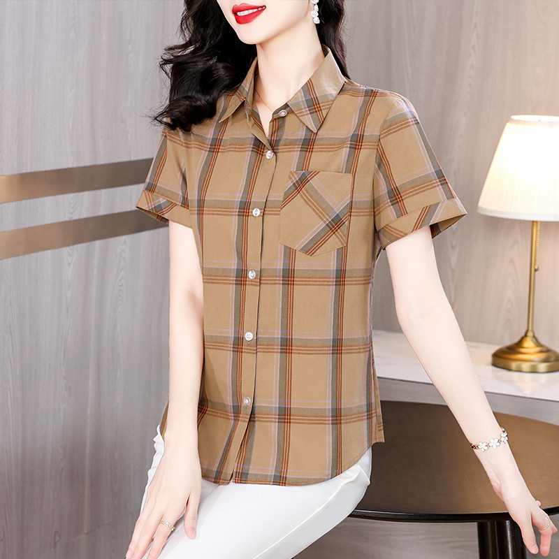 w36夏装妈妈装格子纯棉短袖衬衫休闲妇女寸衫中老年女半袖a98衬衣