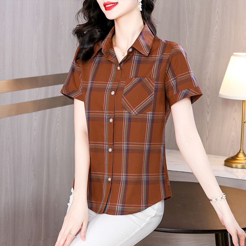 w36夏装妈妈装格子纯棉短袖衬衫休闲妇女寸衫中老年女半袖a09衬衣