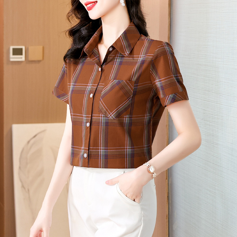 w36夏装妈妈装格子纯棉短袖衬衫休闲妇女寸衫中老年女半袖a07衬衣