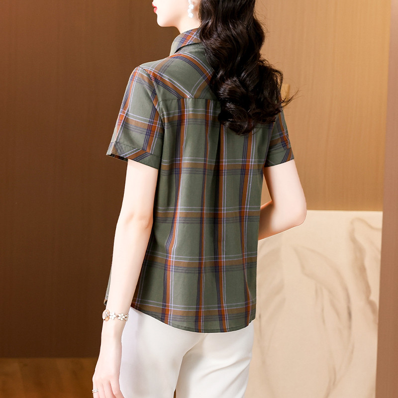 w29夏装妈妈装格子纯棉短袖衬衫休闲妇女寸衫中老年女半袖c01衬衣