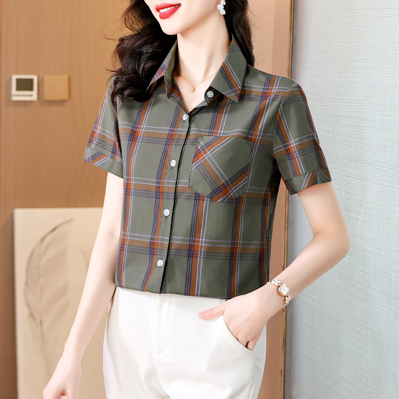 w29夏装妈妈装格子纯棉短袖衬衫休闲妇女寸衫中老年女半袖c06衬衣