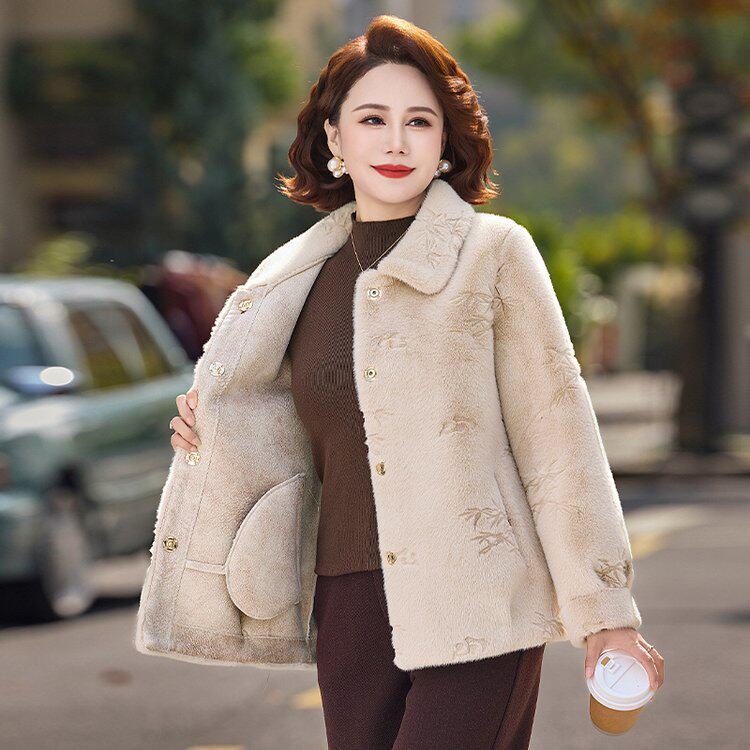 k47中老年妈妈装呢大衣皮毛一体水貂绒c07秋冬装刺绣翻领女外套