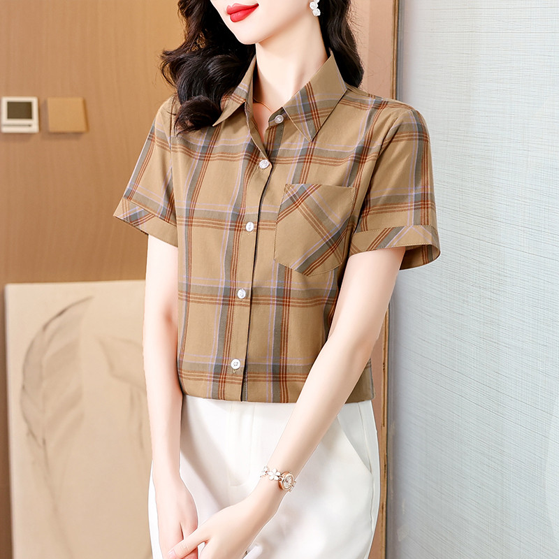 w36夏装妈妈装格子纯棉短袖衬衫休闲妇女寸衫中老年女半袖a97衬衣