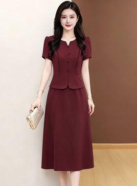 广州十三行短袖连衣裙女2026夏季新款喜婆婆妈妈假两件礼服裙子