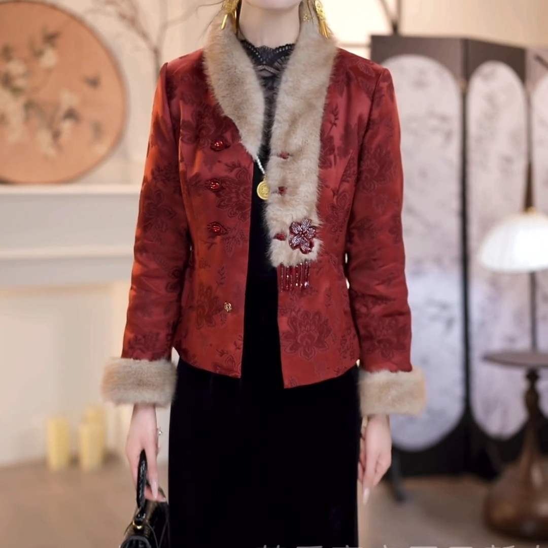 中式国风印花短款毛领棉服外套女2025冬季新款设计感夹棉保暖上衣