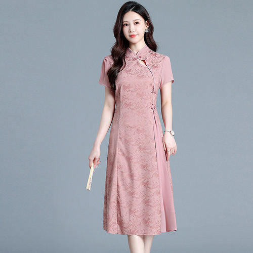 国风短袖改良旗袍连衣裙女2026夏季新款妈妈气质薄款显瘦礼服裙子
