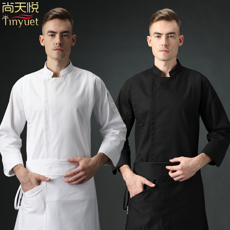 黑厨师工作服男长袖防水厨房定制餐饮服装中式高档全白厨师服秋冬
