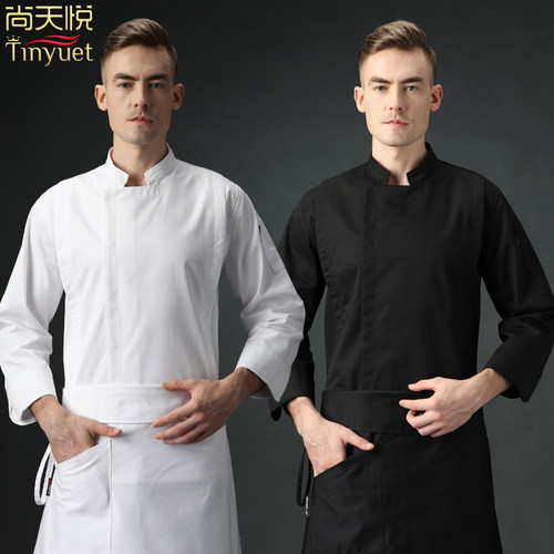 黑厨师工作服男长袖防水厨房定制餐饮服装中式高档全白厨师服秋冬