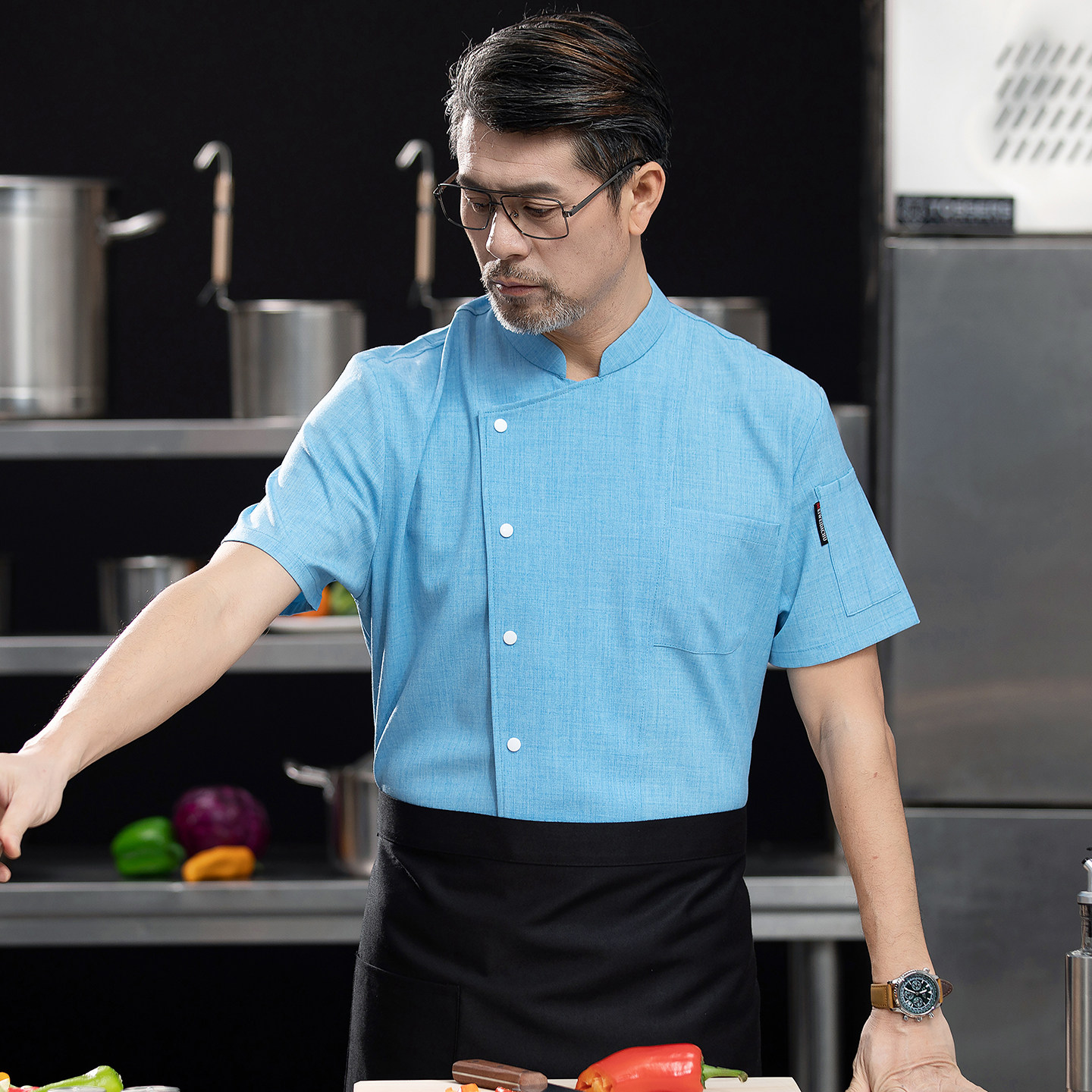 纯棉蓝色厨师工作服短袖男夏季餐厅酒店饭店烘焙糕点透气厨师服装