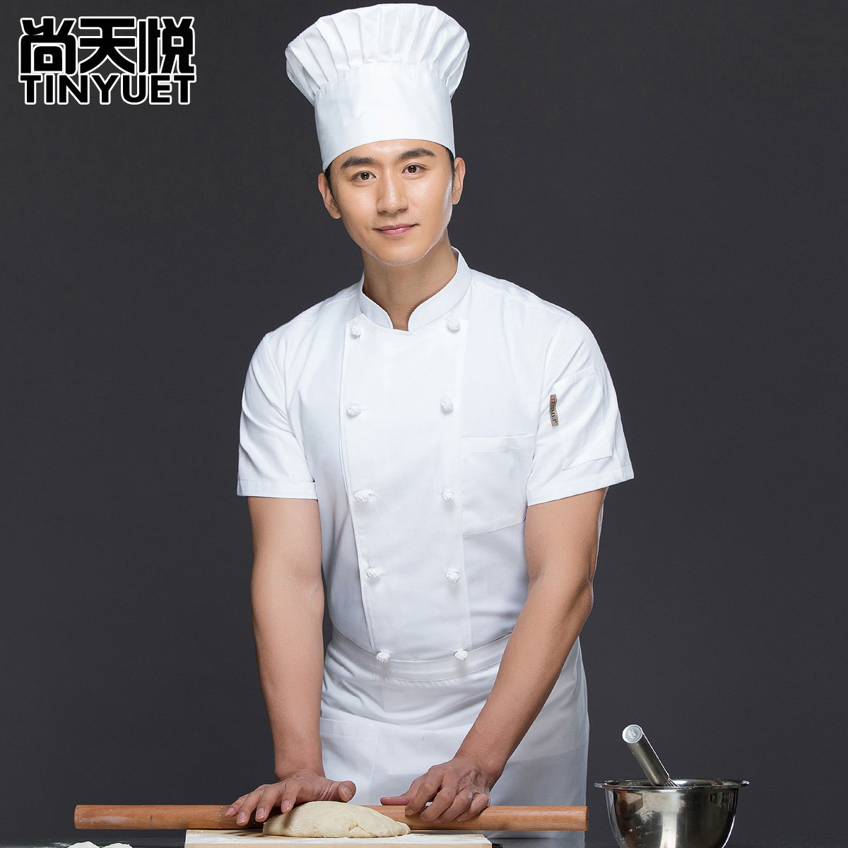 全白布扣圆扣中国风厨师服酒店厨师长工作服夏装透气高档厨房短袖