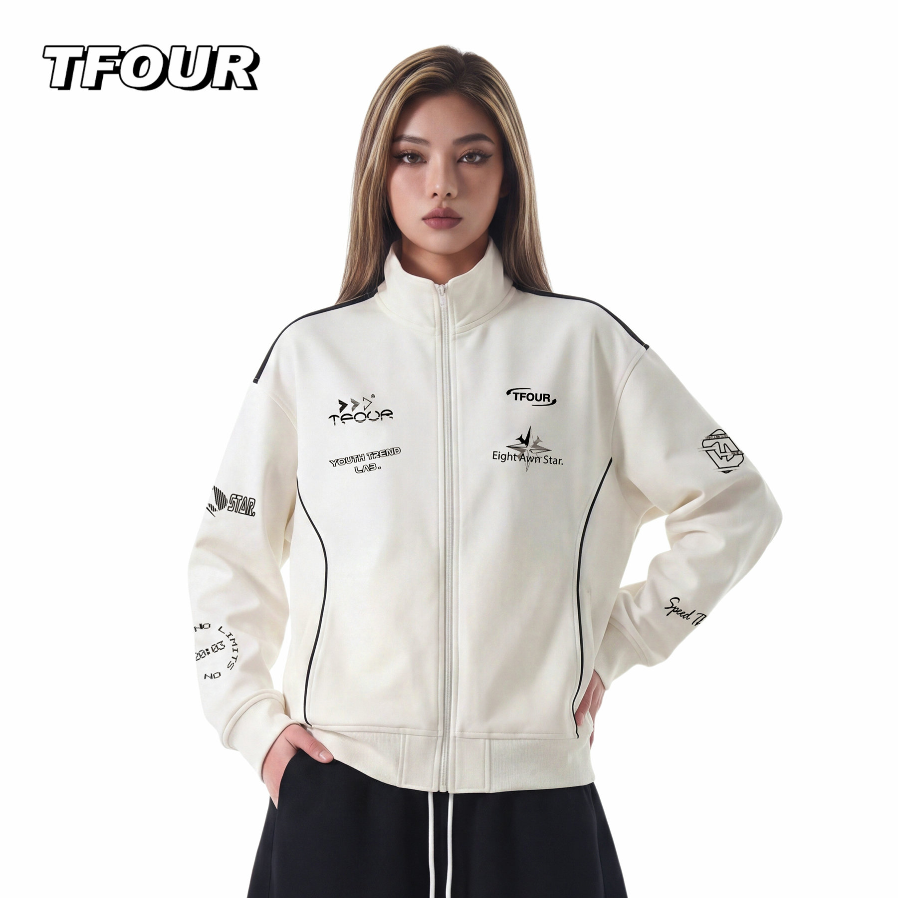 TFOUR 美式机车风立领修身夹克外套男女同款秋季潮牌休闲运动上衣