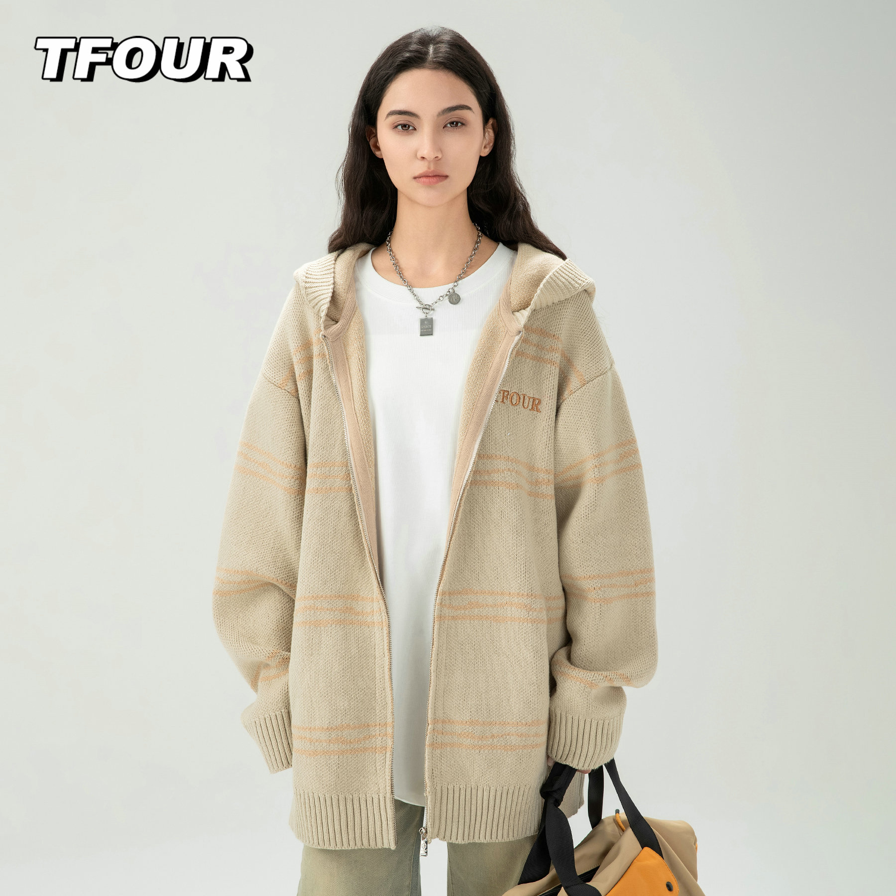 TFOUR 八芒星潮牌美式休闲针织衫外套春秋季薄款毛衣开衫男女条纹