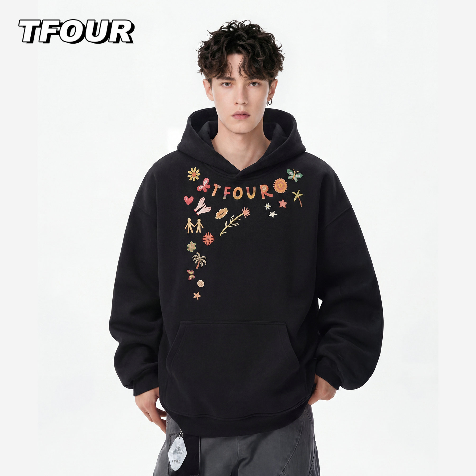 TFOUR 潮牌创意卡通涂鸦印花帽衫外套男女美式高街连帽卫衣情侣款