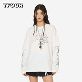 TFOUR 圆领宽松八芒星上衣女T t恤男2026春夏季 美式 潮牌假两件长袖