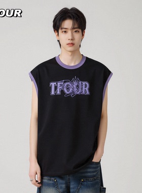 TFOUR2025夏季新款八芒星短袖潮牌刺绣品牌LOGO撞色无袖无性别T恤