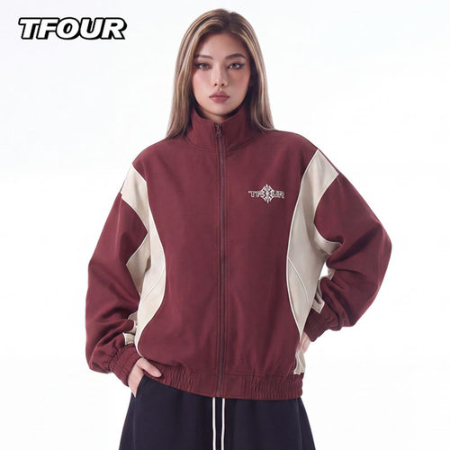 TFOUR机车风外套撞色拼接夹克