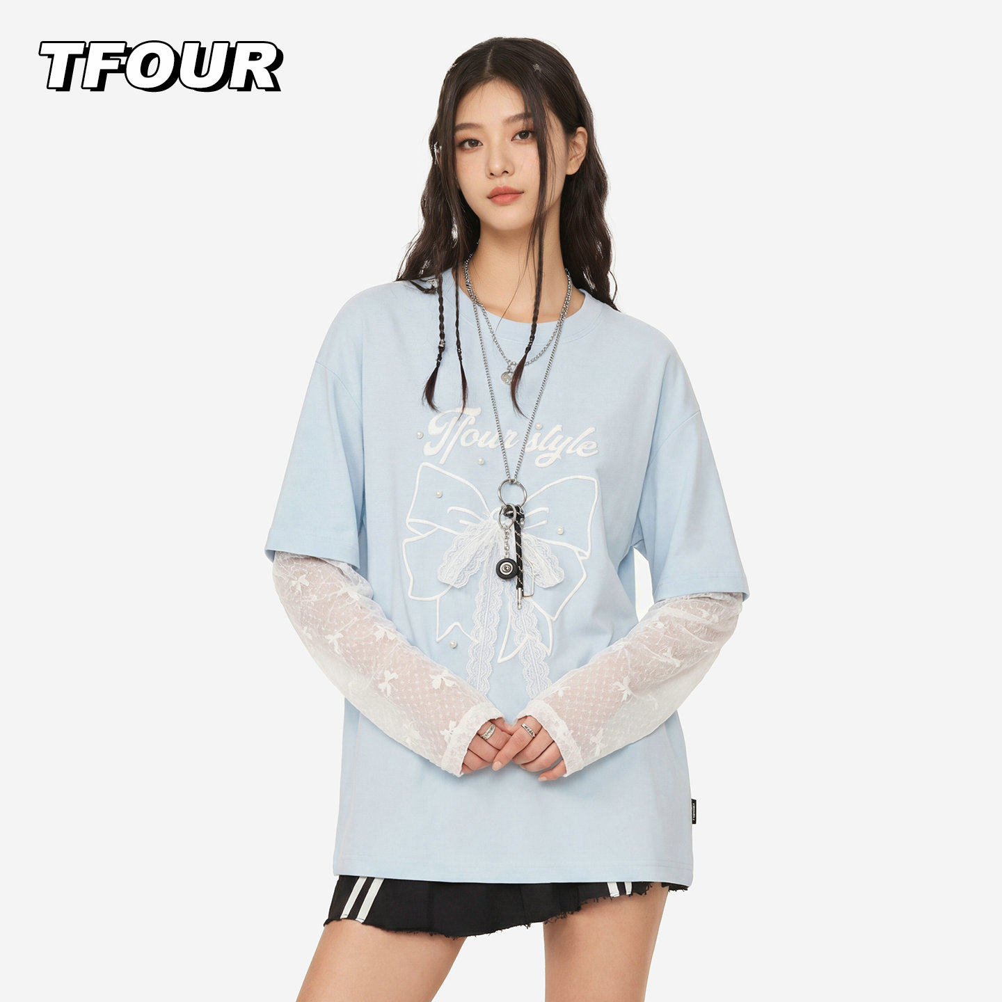 TFOUR 2026新款钉珠蝴蝶结短袖t恤女夏季宽松圆领蕾丝袖防晒上衣