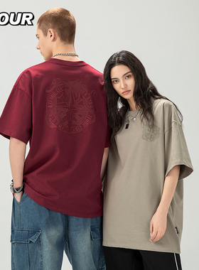 TFOUR 2025夏季龙年系列八芒星潮牌T恤短袖男女红色美式重磅刺绣