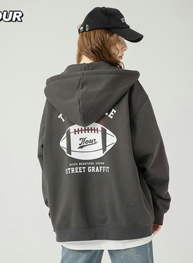 TFOUR 2025秋冬新款连帽衫橄榄球加绒卫衣男女宽松潮牌美式复古风