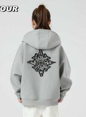 TFOUR 廓形短宽连帽卫衣男女2025新款秋冬季八芒星外套空气层上衣