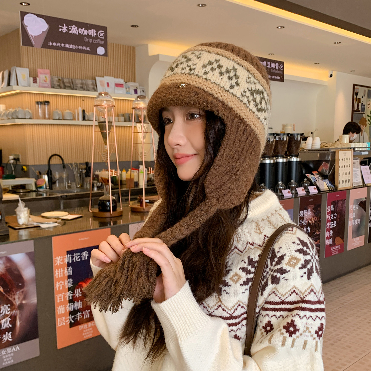 费尔岛提花针织雷锋帽女百搭绑带保暖复古包头帽毛线帽2025新款