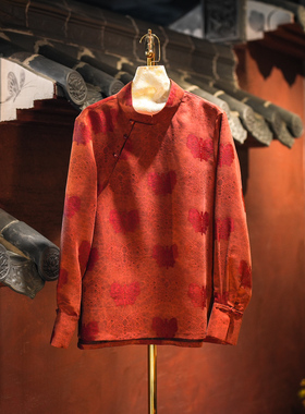 蓝大原创女装橘红色立领长袖真丝香云纱大码蝴蝶复古中式上衣5682