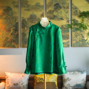 国风上衣5450 真丝香云纱大码 蓝大原创女装 简约显白绿色立领长袖