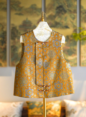 蓝大原创女装国风复古宝相花圆领大码百搭桑蚕丝宋锦金色马甲5138