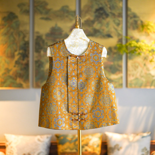 蓝大原创女装 百搭桑蚕丝宋锦金色马甲5138 国风复古宝相花圆领大码