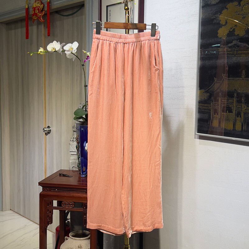 蓝大长裤粉色丝绒显瘦阔腿长裤