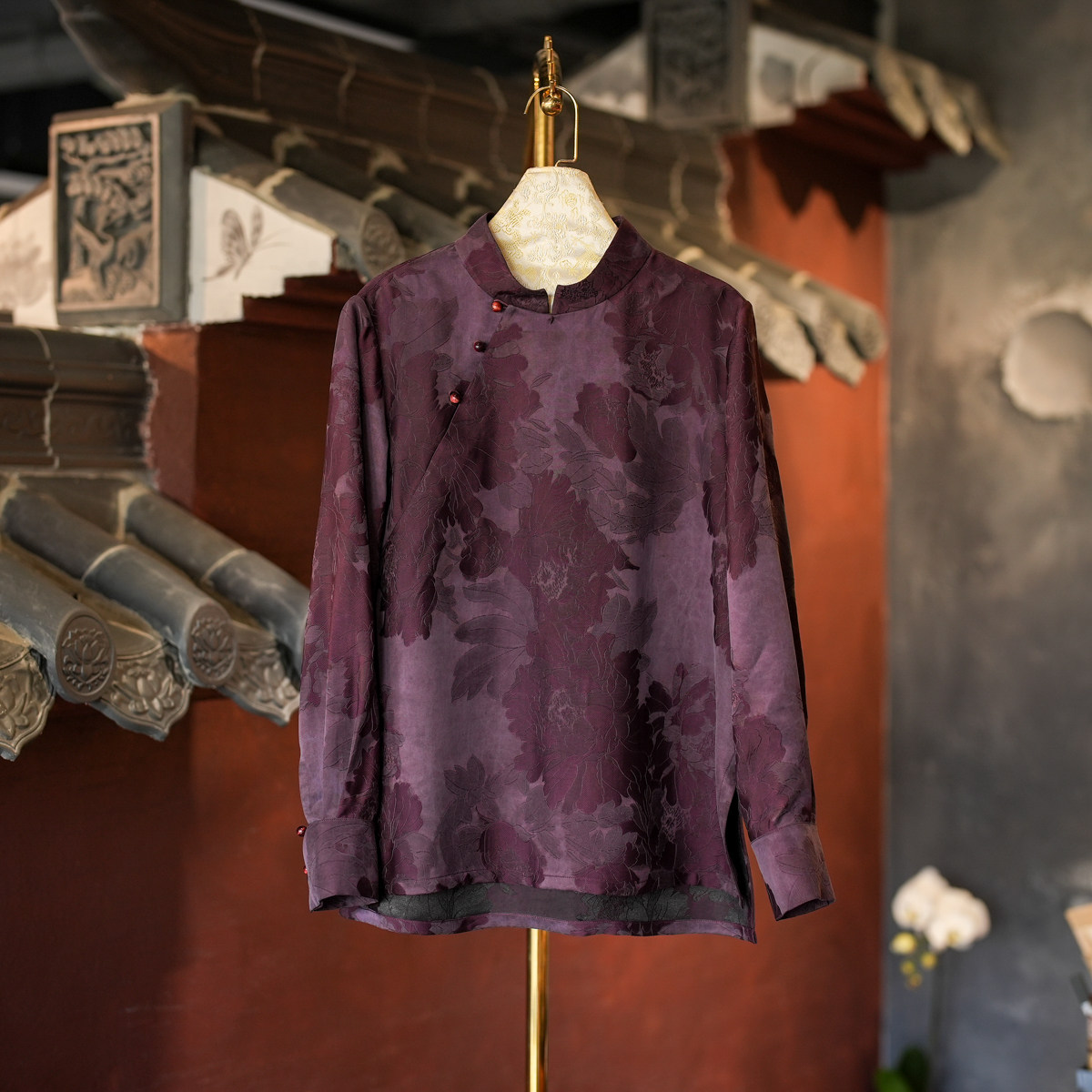 蓝大新中式2025秋长袖紫色上衣