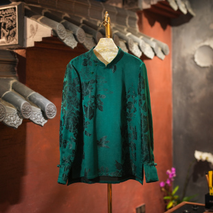 桑蚕丝显白绿色上衣5922 大码 蓝大原创女装 高端老缎香云纱立领长袖