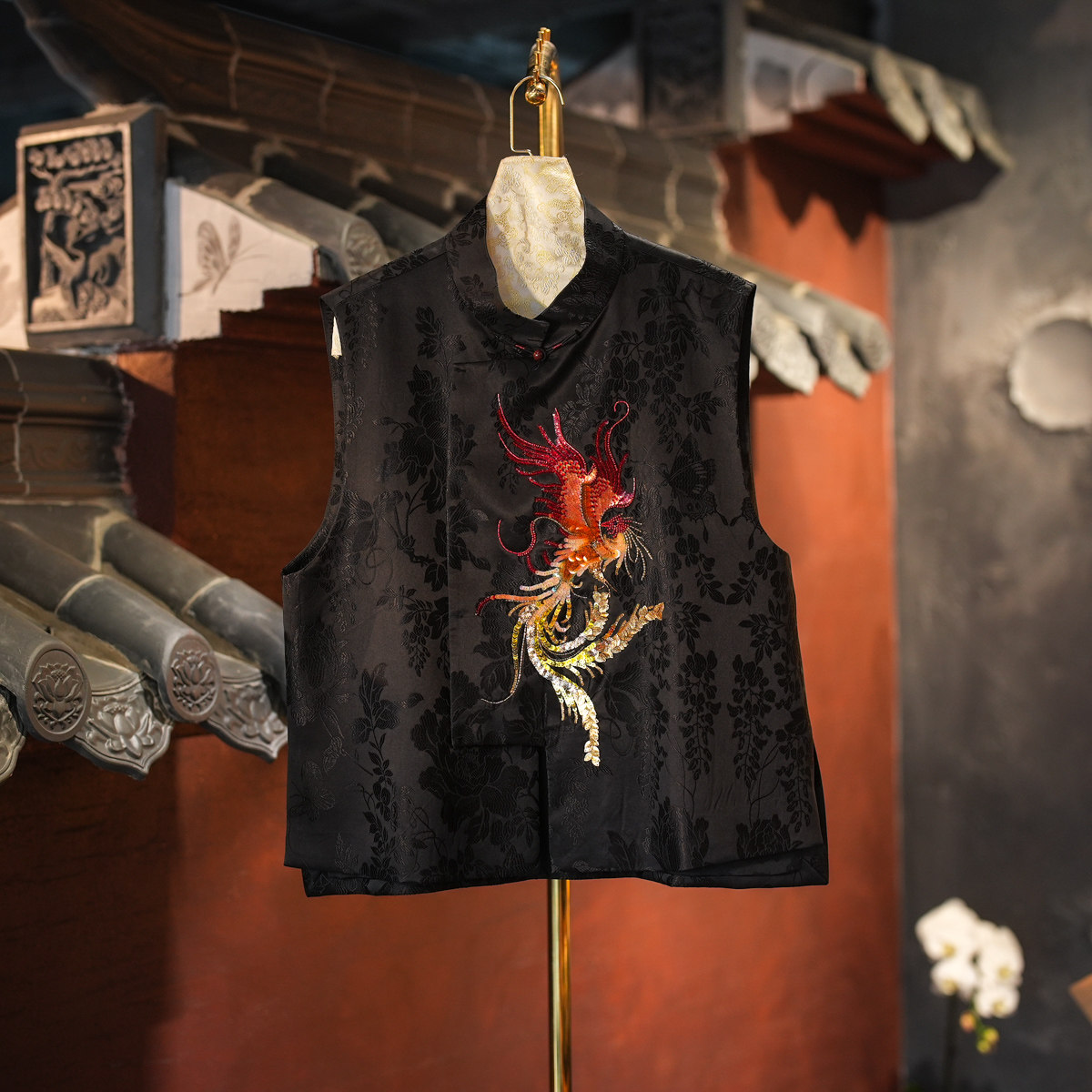 蓝大国风立领大码黑色桑蚕丝马甲