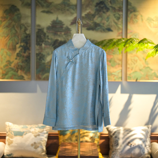 蓝大原创女装古典天青色斜襟盘扣长袖大码桑蚕丝立领上衣6952