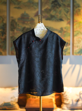 蓝大原创女装国风斜襟盘扣黑色香云纱立领短袖桑蚕丝薄款上衣7925