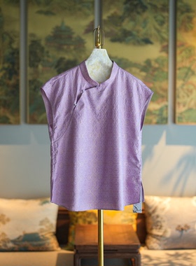 蓝大原创女装新中式古韵紫色立领短袖桑蚕丝花萝大码上衣7918