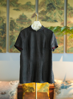 蓝大原创女装新中式立领短袖黑色大码真丝香云纱显瘦上衣7639